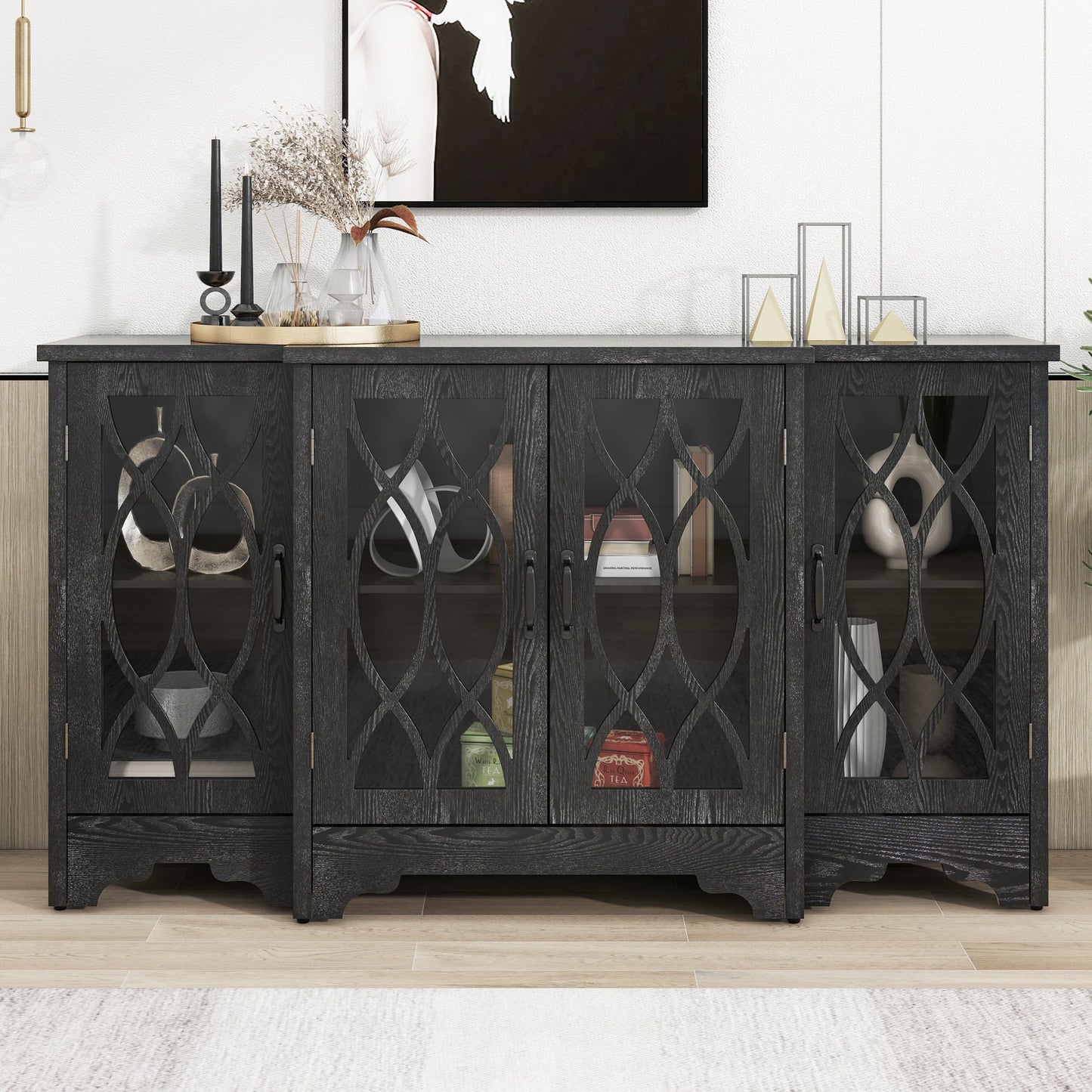 Accent Buffet Sideboard, Atumon Buffet Cabinet with 4 Glass Doors, Wood Buffet Sideboard, Modern Storage Cabinet Furniture for Kitchen Dining Room Living Room, 58"L x 13.4"W x 32"H, Natural