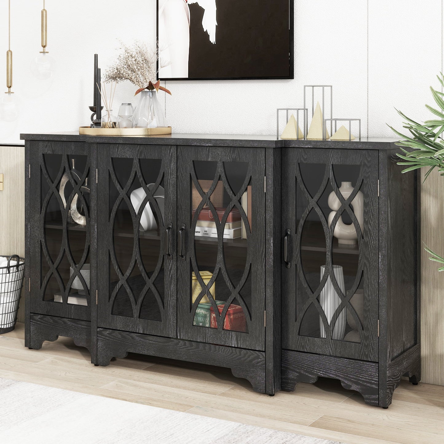 Accent Buffet Sideboard, Atumon Buffet Cabinet with 4 Glass Doors, Wood Buffet Sideboard, Modern Storage Cabinet Furniture for Kitchen Dining Room Living Room, 58"L x 13.4"W x 32"H, Natural
