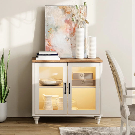 Buffet Cabinet with 2 Storage, Kitchen Sideboard with Glass Door & Adjustable Shelf, Modern Glass Entryway Table or Living Room Dining Room, Off White