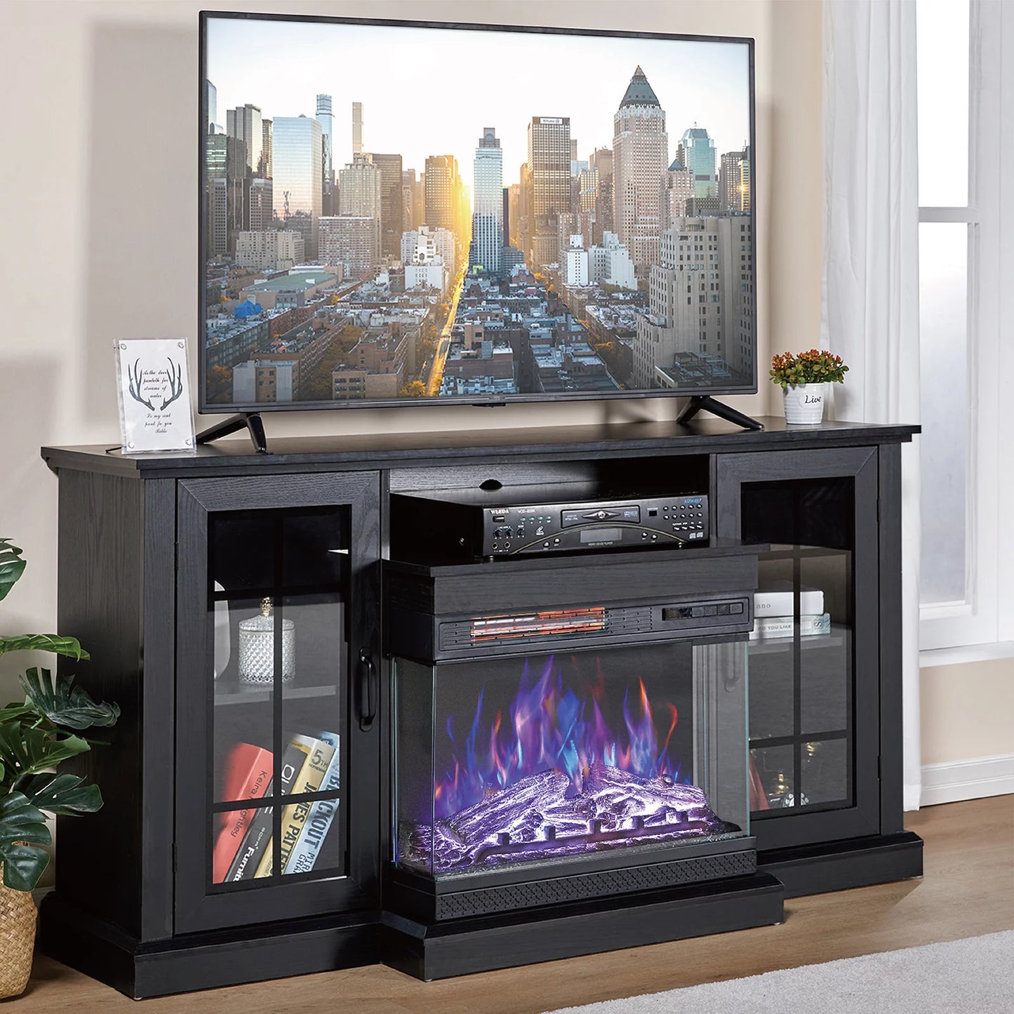 AMERLIFE 3-Sided Glass Fireplace TV Stand Console Table with 59'' Fireplace, Rustic Media Entertainment Center for TVs up to 65'' Door Closed Storage, Black