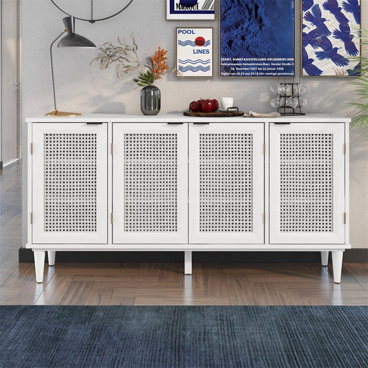 Churanty 58" Storage Sideboard Buffet Wooden Console Table with Rattan Door for Living Room/Bedroom/Entryway, White